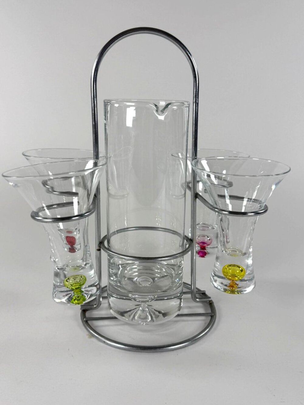 Vintage 1970's Cocktail Barware Set 4 Bubble Glasses Pitcher With Chrome Caddy
